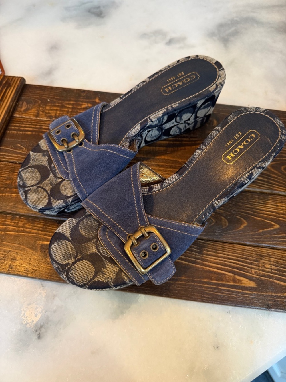 COACH Women's Navy Blue Wedge Sandals with Signature Canvas